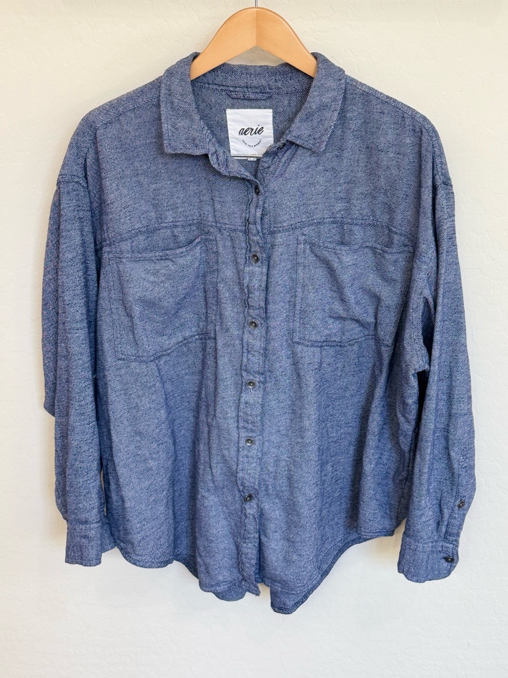 Aerie Anytime Fave Flannel Shirt Oversized Blue Twill Button Down Large
